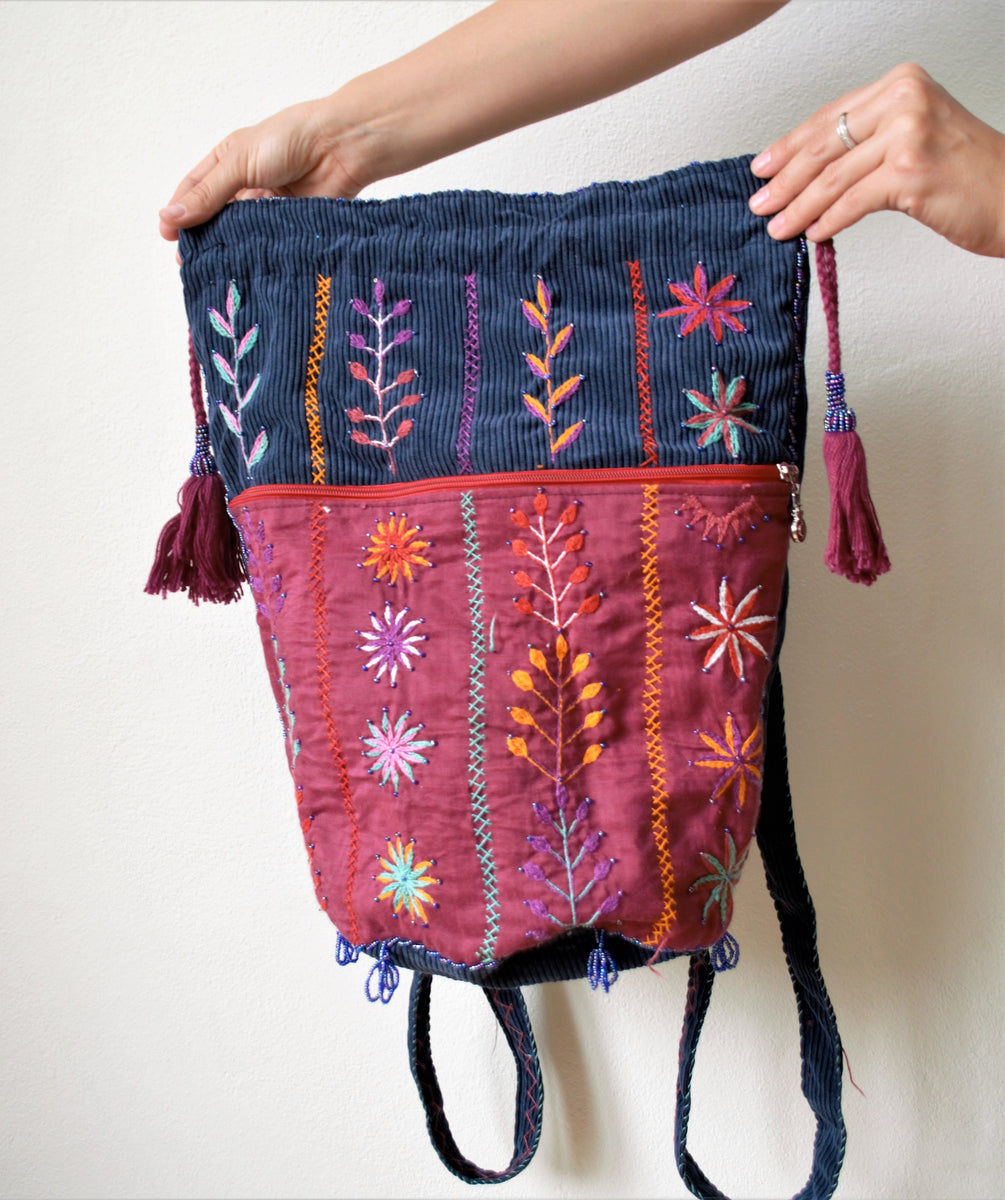 Drawstring boho backpack, Blue embroidered bag, Red sack, Gym, Yoga, Leaves  fabric, Zero waste, Eco, Flowers, Indian purse, Indian, Tribal – Omar  Handmade