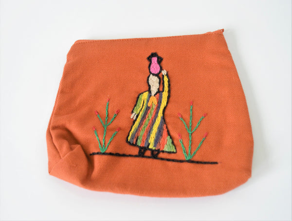 Hand embroidered purse, Folklore art, Eco cotton bag (Woman carrying water)