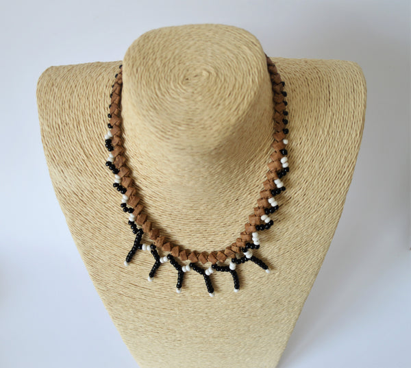 Mexican style necklace, braided leather with black and white beads