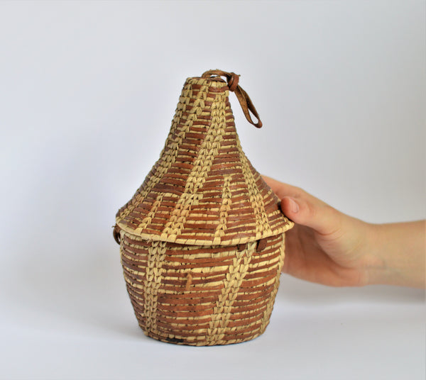 Egyptian woven leather basket , Ethiopian-style "Gabana" basket with lid