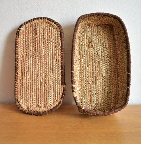 Rectangle jewelry box, Woven straw and leather basket with lid