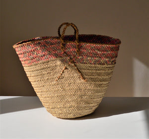 Vintage basket, Palm leaves woven basket, Pink and grey