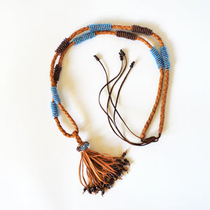Long bohemian necklace, Leather tribal necklace, African tassel necklace, with blue beads