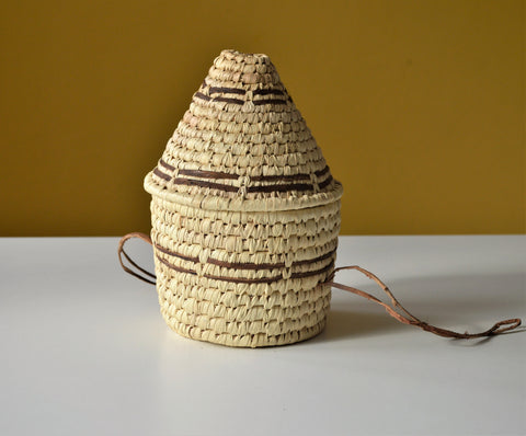 Woven palm leaf basket, Straw and leather wicker