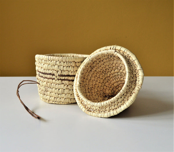 Woven palm leaf basket, Straw and leather wicker