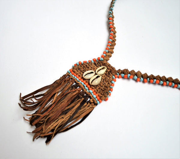 African leather necklaces, Ethnic Egyptian jewelry, Gypsy seashell necklace