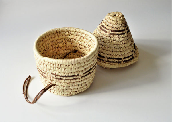 Woven palm leaf basket, Straw and leather wicker
