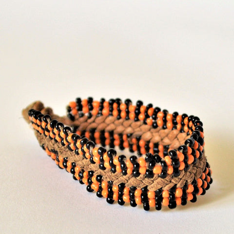 Leather bracelet orange and black beads, Boho friendship bracelet, Woven leather bracelet