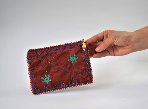 Red hand embroidered purse, Beaded Boho wallet