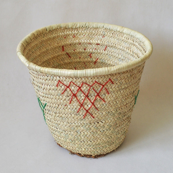 Embroidered Wide Laundry basket from natural palm straw