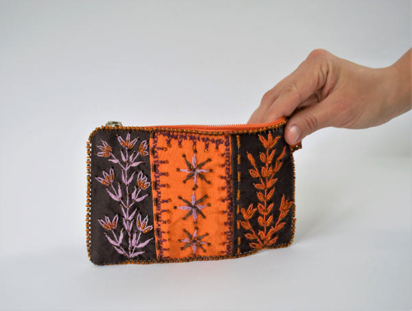 Orange purse, Leaves embroidered bag, Beaded Woman purse wallet