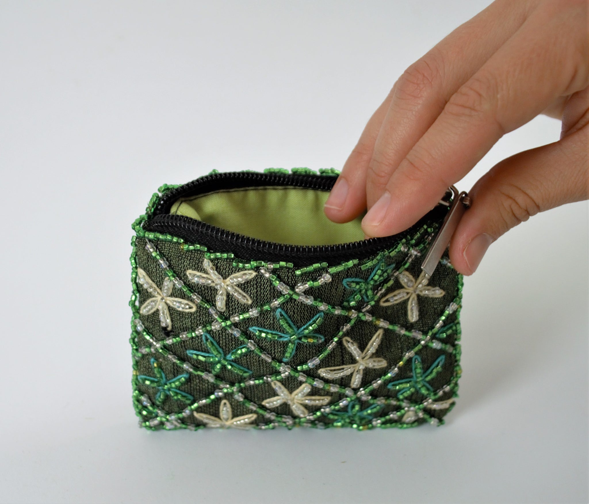 Green embroidered purse