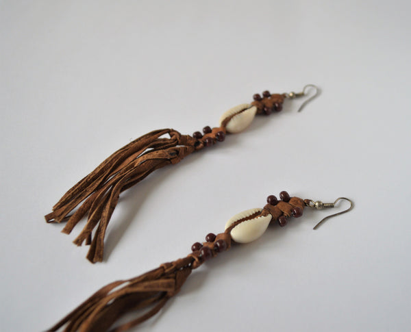 Dangling leather earrings brown beads, African boho earrings