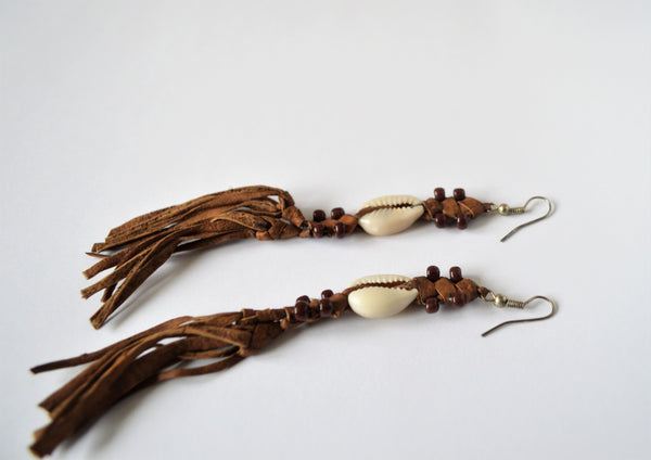 Dangling leather earrings brown beads, African boho earrings