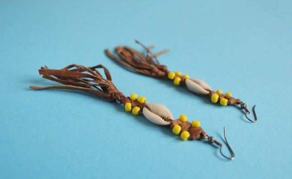 Tassel leather earrings yellow beads