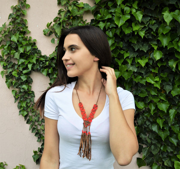 Leather necklace with red beads