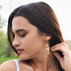 Tassel leather earrings yellow beads