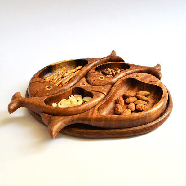 Hand carved 4 fish snacks platter Decorative mid century style