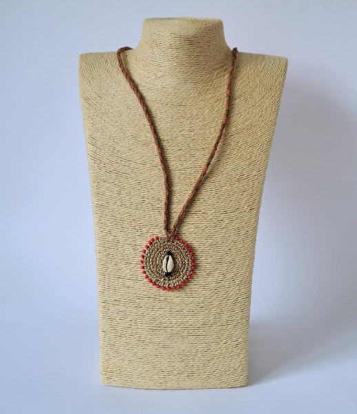 Woven African necklace with cowrie seashell